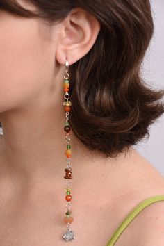 Dangle Mono earring Long Single Earring Natural stone beads jewelry aventurine carnelian crystal Long earring boho earring for girl gift This Single Earring is made with natural aventurine, carnelian beads, crystal beads, silver plated earring. ONE EARRING Earring length is about - 6 3/4" (17cm). If you want an individual changes - lengthen or shorten an earring, change a charm, make a second pairing earring - please contact me, I'll be happy to do this for you! See my another single earrings: h Carnelian Dangle Earrings With Natural Stones, Carnelian Drop Earrings With Natural Stones, Carnelian Natural Stones Dangle Earrings, Carnelian Natural Stone Drop Earrings, Amber Beaded Earrings For Gift, Amber Czech Glass Drop Earrings, Unique Dangle Crystal Earrings With Ear Wire, Amber Beaded Drop Earrings For Gift, Bohemian Style Crystal Drop Earrings With Dangling Beads