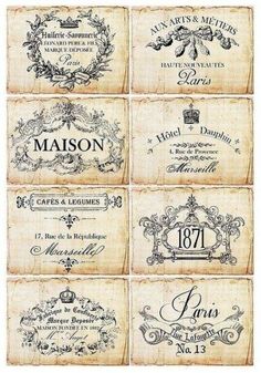 six different wine labels in black and white with the names of many wines on them