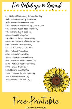 a free printable for the national holidays in august, with sunflowers on it