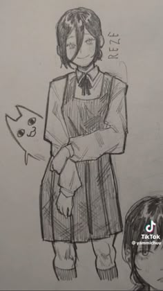 a drawing of a person standing next to a girl with a cat on her shoulder