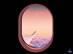 an airplane window with the view of clouds and a moon in the sky at night