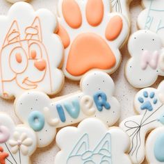 decorated cookies with dog's paw and name written in blue, orange, and white frosting