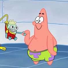 the spongebob character is trying to get into his swim suit with another character