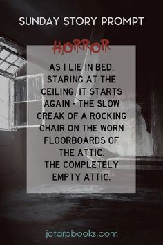 a black and white photo with the words horror written in red on it, next to an empty room