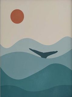 a painting of a whale swimming in the ocean with an orange sun behind it,