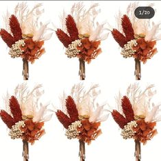 four different bouquets with feathers and flowers in them