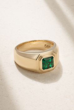 Inspired by Los Angeles' custom jewelry scene, 42 SUNS creates vibrant pieces from colorful gems. This 14-karat ring is centered with a emerald in a geometric stepped setting. Wear yours alongside other favorites from the brand. Masculine Engagement Rings, Mens Bands, Gold Emerald Ring, Couple Ring Design, Tiffany Rings, Gold Pinky Ring, Accessory Design, Emerald Ring Gold, Vintage Tiffany