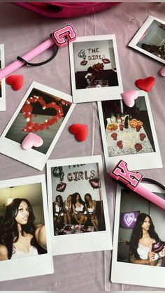 several polaroid photos with hearts and candles on a table next to other pictures,