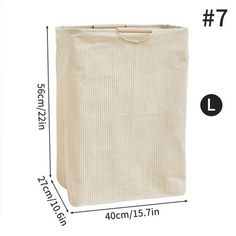 a white canvas bag with measurements for the bottom and side, on a white background