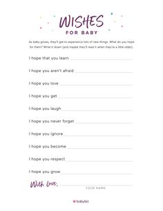 a wish card with the words wishes for baby written in pink and purple on it