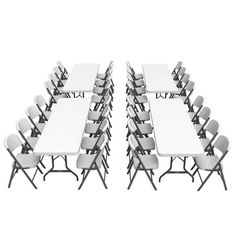 a large group of white tables and chairs