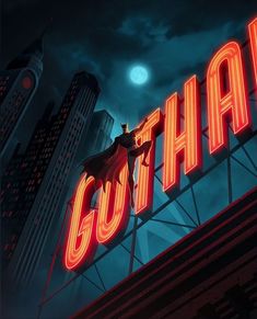 a neon sign that says gotham with a batman figure on it's back and the word,