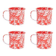 four red and white mugs sitting next to each other