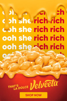 an advertisement for velveeta is shown in yellow and red with the words, that's dolce