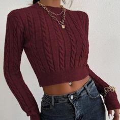 Cropped Cable Knit Sweater Size S Burgundy Color New Without Tags, Never Worn Bundle For Discounts :) For Exposure: American Eagle Hollister Tilly’s Aerie Pacsun Lululemon Pink Nike Adidas Vintage Zumiez Princess Polly Leggings Stylish Crop Deal Sale Fashion Burgundy Crop Sweater, Cropped Cable Knit Sweater, Casual Pullover Sweater, Coffee Sweater, Crop Pullover, Slim Sweater, Cropped Pullover, Women Sweaters, Long Sleeve Pullover Sweater