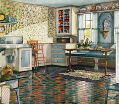 an old fashioned kitchen with colorful tile flooring