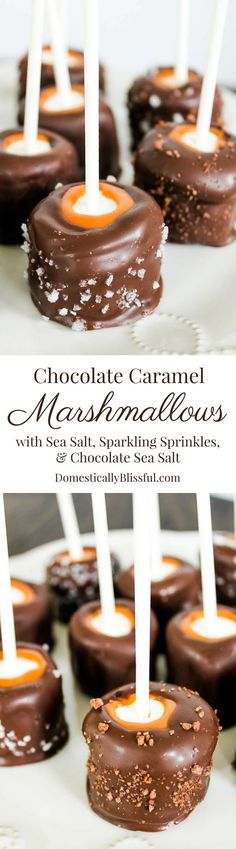 chocolate caramel marshmallows with sea salt and sprinkles on a white plate