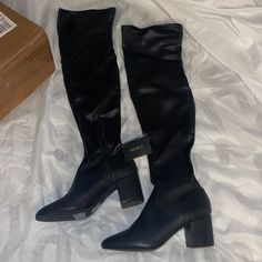 Brand New Black Thigh High Boots. Chunky Heel. Never Worn. Smaller Size 8 Thigh High Boots Chunky, Black Thigh-high Faux Leather Heeled Boots, Thigh High Black Boots, Black Knee-high Boots Medium Width, High Black Boots, Black Knee-high Boots With Stacked Heel, Medium Width, Black Synthetic Ankle-high Heeled Boots, Black Synthetic Knee-high High Heel Boots, Black Thigh High Boots