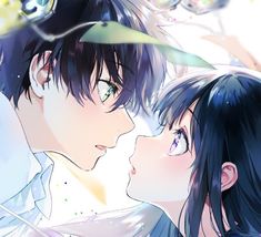 two anime characters are facing each other with their faces close to one another and trees in the background