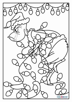 a coloring page with an image of santa claus in the christmas tree and ornaments around him