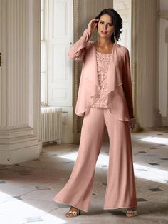 Chiffon Long Sleeves Mother of the Bride Pantsuits with Jacket - Mondressy Bride Trousers, Moms Wedding Dresses, Mother Of The Bride Trousers, Bride Pant Suit, Mother Of The Bride Pantsuits, Pearl Pink Color, Bride Pantsuit, Mother Of The Bride Trouser Suits