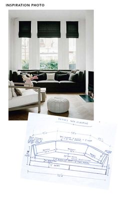 an image of a living room with couches and windows in it, including the floor plan