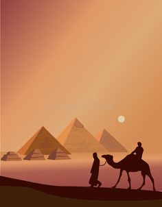 two people riding on the back of a camel in front of pyramids royalty illustration