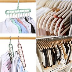 multiple pictures of clothes hanging on racks and in the same direction, each with different colored shirts