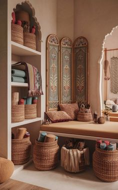 An Indian-inspired yoga studio with cozy and elegant storage for mats and gear. Yoga Den, Storage Aesthetic, Indian Yoga