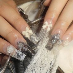 Lacy Nails, White Lace Nails, Coquette Nails, Lace Nails, Dark Coquette, Really Cute Nails, Nails Only, Gem Nails, Pretty Acrylic Nails