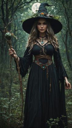 a woman dressed as a witch in the woods