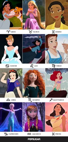 disney princesses with their names in different languages and numbers on the pictures, which are also