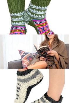 These special pair of #Legwarmers for winters have been knitted on four needles make them soft and gentle on skin and are seamless so no chafing and rubbing on the skin. These beautiful winter socks are hand knitted in vibrant colors with geometric motifs. These are purely handmade socks House Wear, Slippers Socks, Comfy Slippers