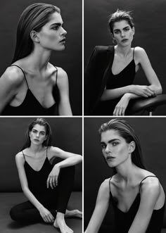 four photos of a woman in black and white