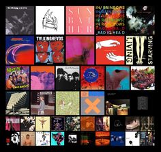 a collage of various album covers in different colors and sizes, including one with the word