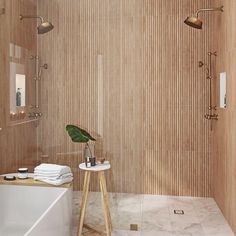 a white bath tub sitting next to a wooden shower head mounted on the side of a wall