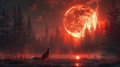 a red fox sitting in the middle of a forest at night under a full moon