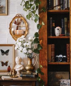 a room with bookshelves, a mirror and a plant on the table in front of it