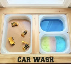 two trays filled with different types of soap and cars on top of each other