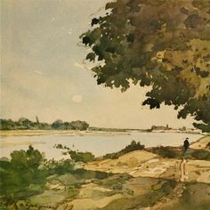 a watercolor painting of a person walking on a path near a body of water