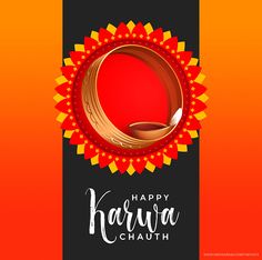 happy karwa chauth greeting card with golden ring on black background and red sunburst