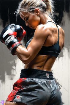 a painting of a woman wearing boxing gloves and holding a punching mitt in her right hand