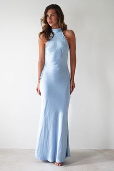 Natalia Soft Satin Maxi Dress | Blue Blue Dresses To Wear To A Wedding, Wedding Guest Dress Blue, Black Tie Bridesmaids, Light Blue Bridesmaid, Blue Satin Dress, White Bridal Dresses, Maxi Dress Wedding Guest, White Bridesmaid Dresses, Blue Bridesmaid Dress