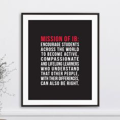 a black and red poster with the words mission of ib on it in white frame