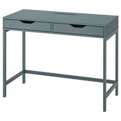 a gray desk with two drawers on top and one drawer at the bottom, against a white background