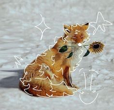 an orange cat sitting in the snow holding a flower