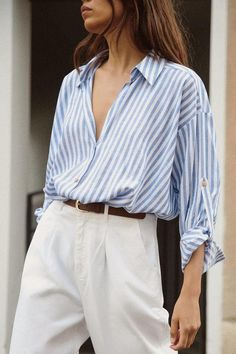 Women's Shirts & Blouses | ZARA Canada White Striped Shirt Outfit, Blue Striped Shirt Outfit, Linen Shirt Outfit, Outfits With Striped Shirts, Blue Linen Shirt, Knotted Shirt, Blue And White Striped Shirt, Striped Linen Shirt, Blue And White Shirt