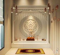 a white room with an intricate design on the wall and rug in front of it