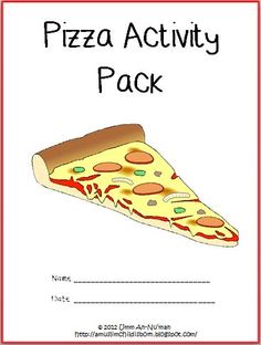 a piece of pizza activity pack with the word's name in red and white