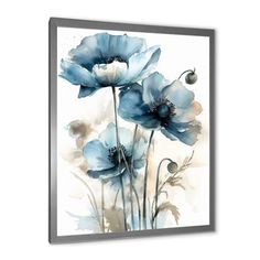 blue flowers on white background with watercolor effect canvas wall art print - framed or unframeed